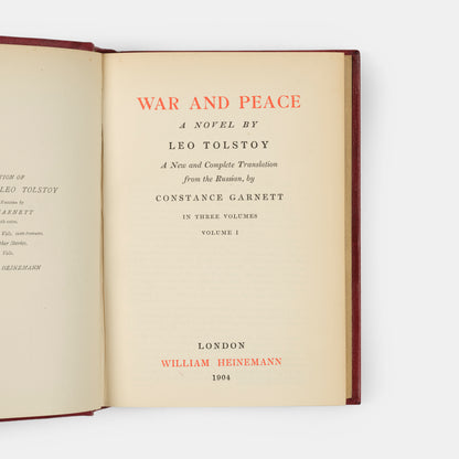 A first edition of the Garnett translation of War and Peace by Leo Tolstoy.