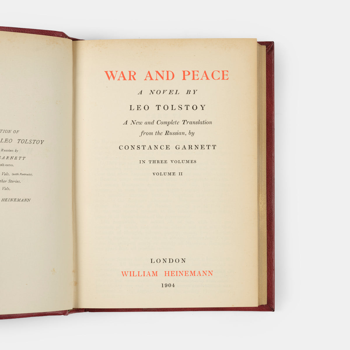 A first edition of the Garnett translation of War and Peace by Leo Tolstoy.