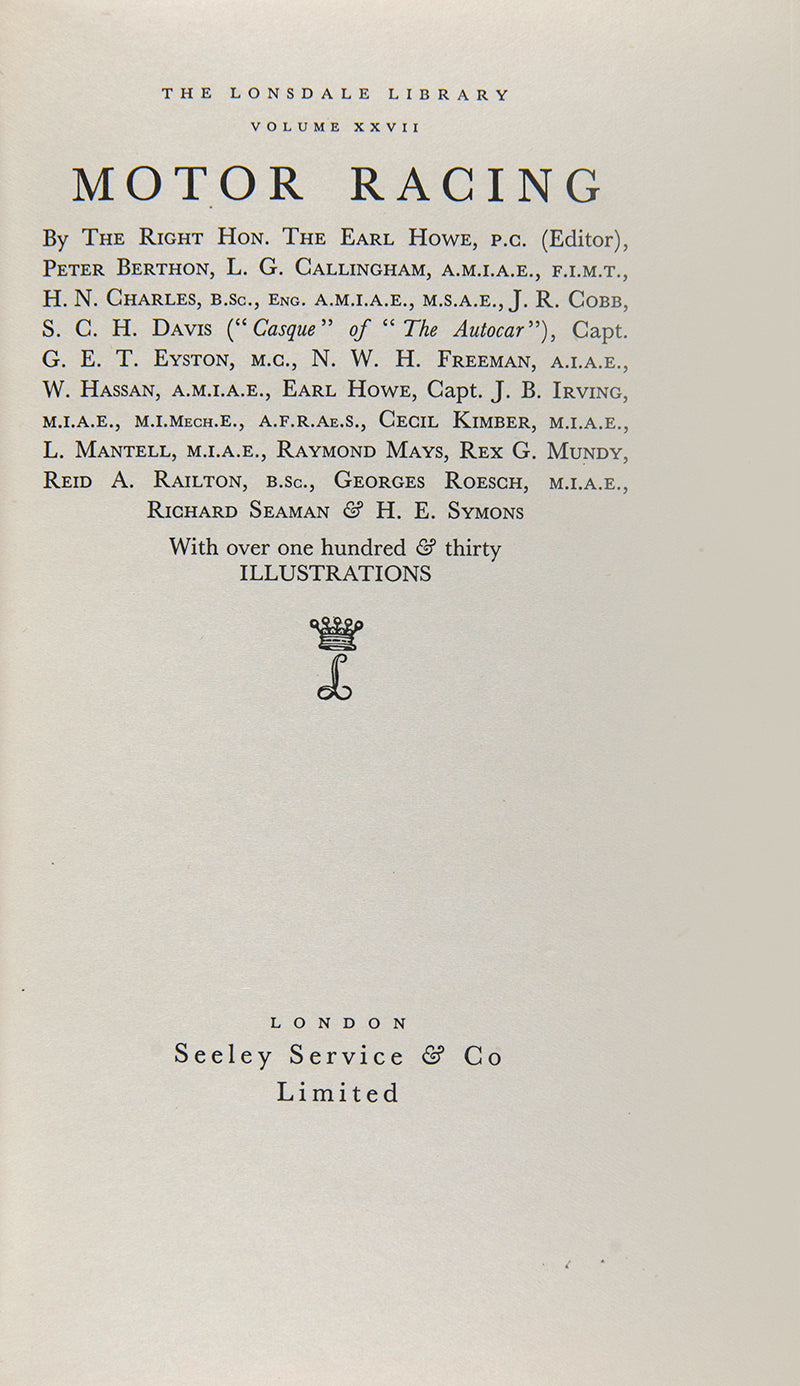 Deluxe issue of the first edition of Motor Racing by Peter Berthon and others for the Lonsdale Library, in full blue morocco.