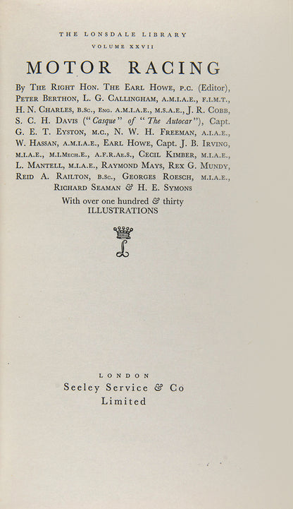 Deluxe issue of the first edition of Motor Racing by Peter Berthon and others for the Lonsdale Library, in full blue morocco.