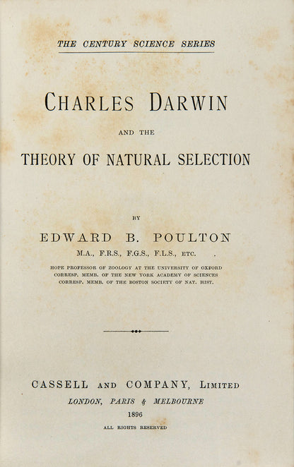 First edition of Edward Poulton's Charles Darwin and the Theory of Natural Selection, presented by the Lords of the Admiralty to Major Henry James Jones.