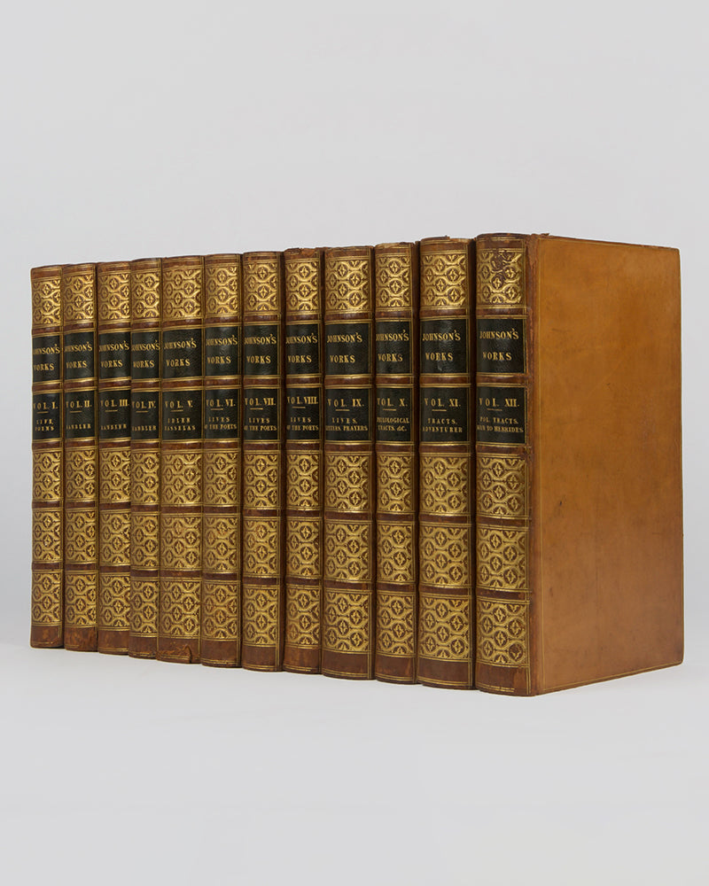 The collected works of the prolific writer Samuel Johnson (1709-1784) who was famed for his creation of the dictionary.