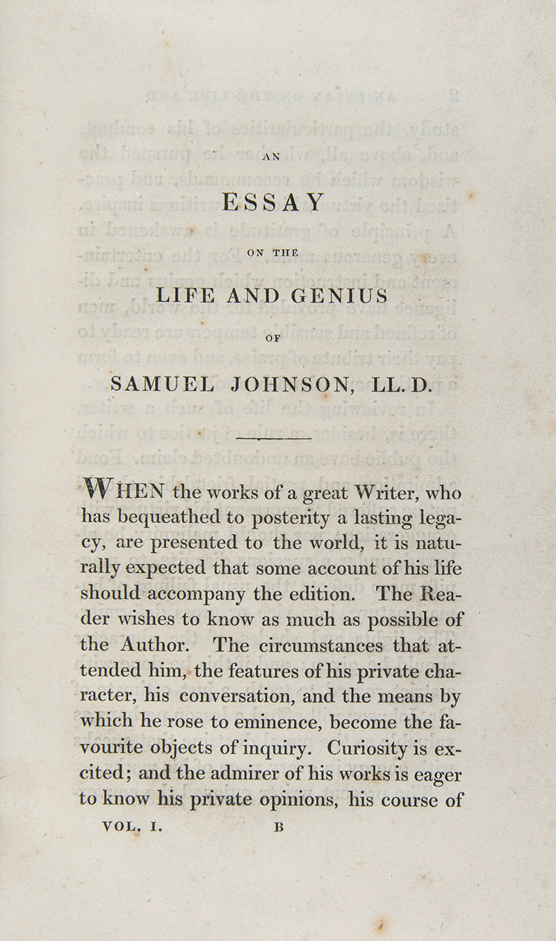 The collected works of the prolific writer Samuel Johnson (1709-1784) who was famed for his creation of the dictionary.