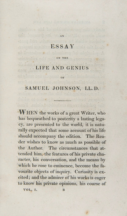 The collected works of the prolific writer Samuel Johnson (1709-1784) who was famed for his creation of the dictionary.