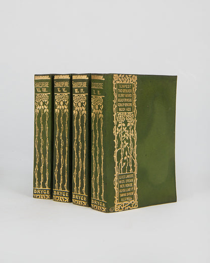 A wonderfully unique set of the works of Shakespeare in four pocket-sized books bound in a beautiful green with floral gilt decoration.