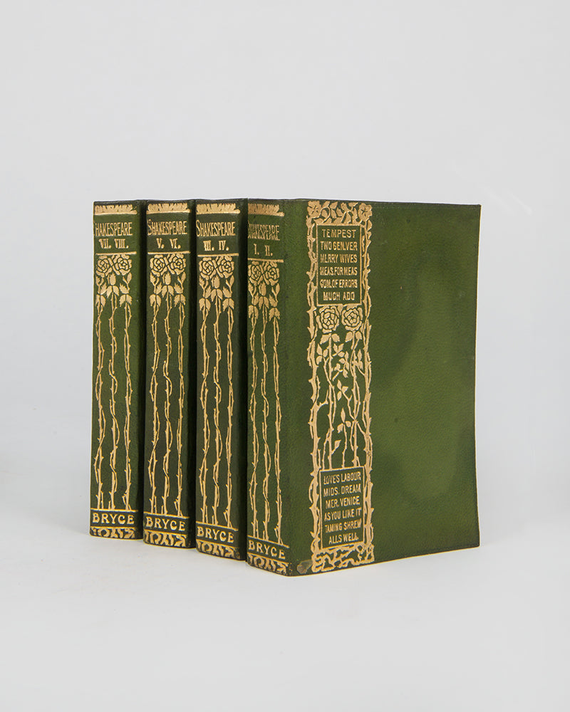 A wonderfully unique set of the works of Shakespeare in four pocket-sized books bound in a beautiful green with floral gilt decoration.