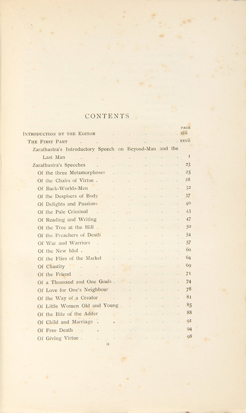 An early printing of the first English language translation of Friedrich Nietzche's Also Sprach Zarathustra, translated by Alexander Tille