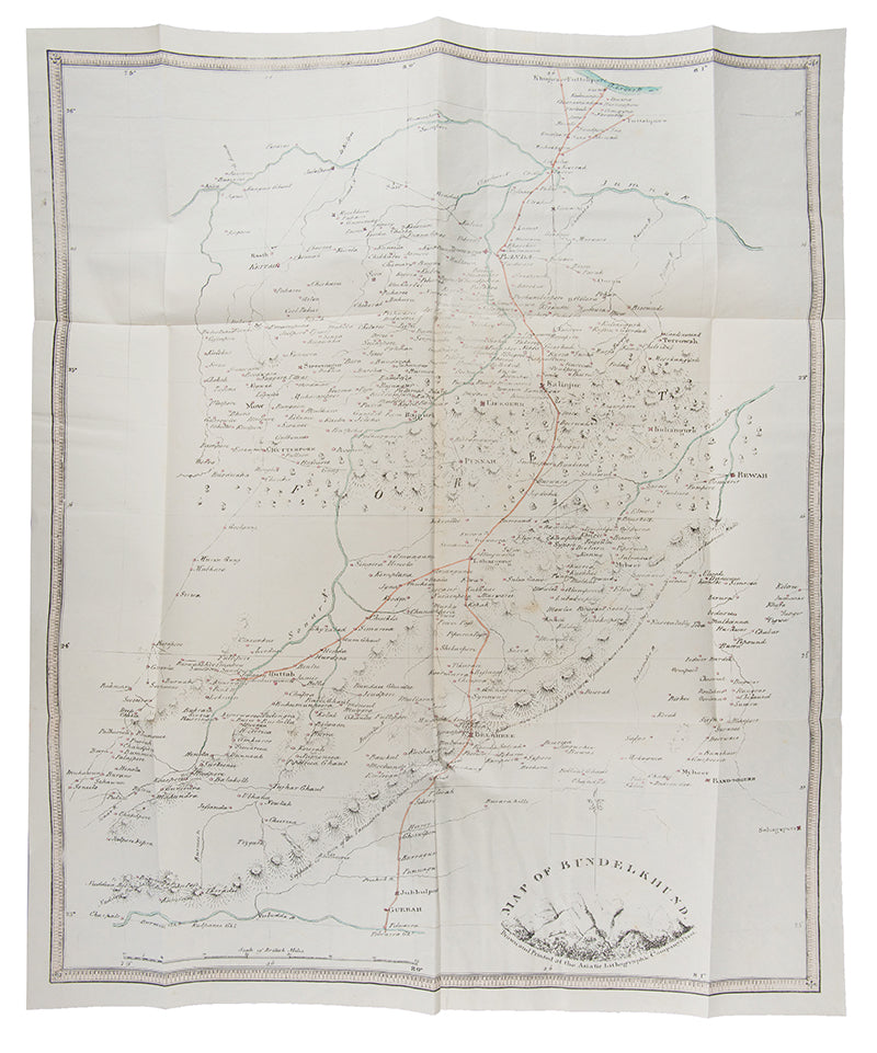 First edition of A History of the Boondelas by Wredenhall Pogson, the first translation of Lal Kavi's Chhatraprakash, his epic poem of his patron Maharaja Chhatrasal Bundela, and one of the first books to contain Indian printed lithographs.