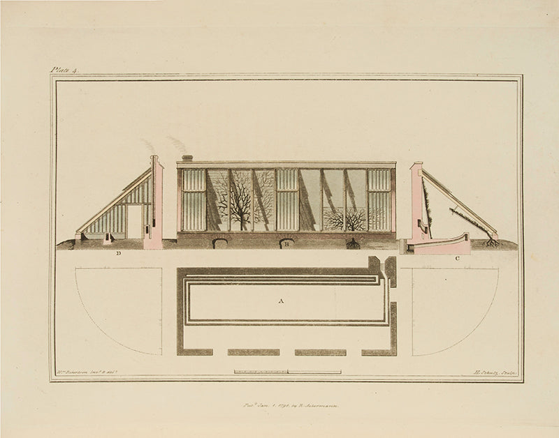 First edition of landscape architect William Robertson's 1798 book A Collection of Various Forms of Stoves, on the design and construction of heated greenhouses for exotic plants.