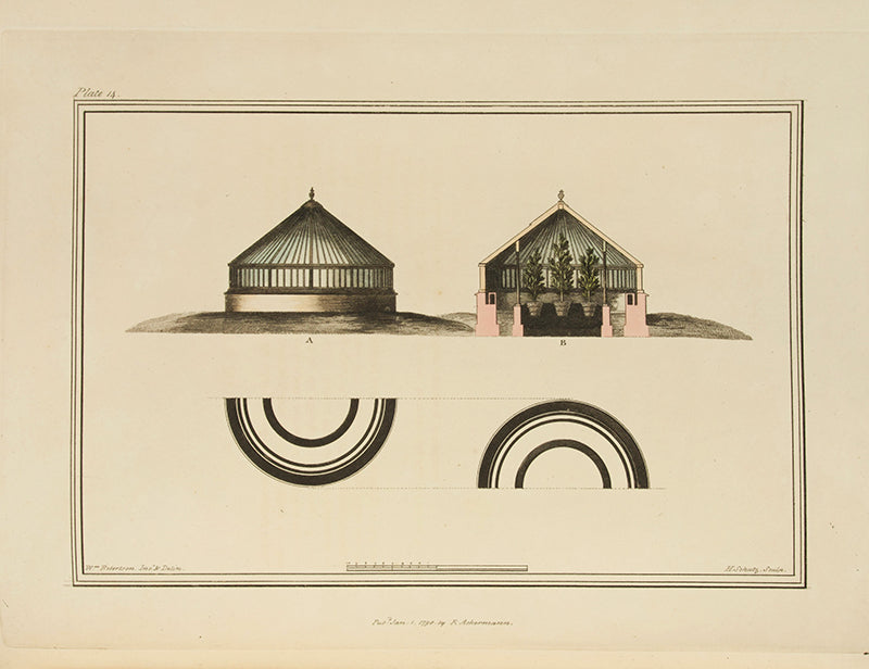 First edition of landscape architect William Robertson's 1798 book A Collection of Various Forms of Stoves, on the design and construction of heated greenhouses for exotic plants.