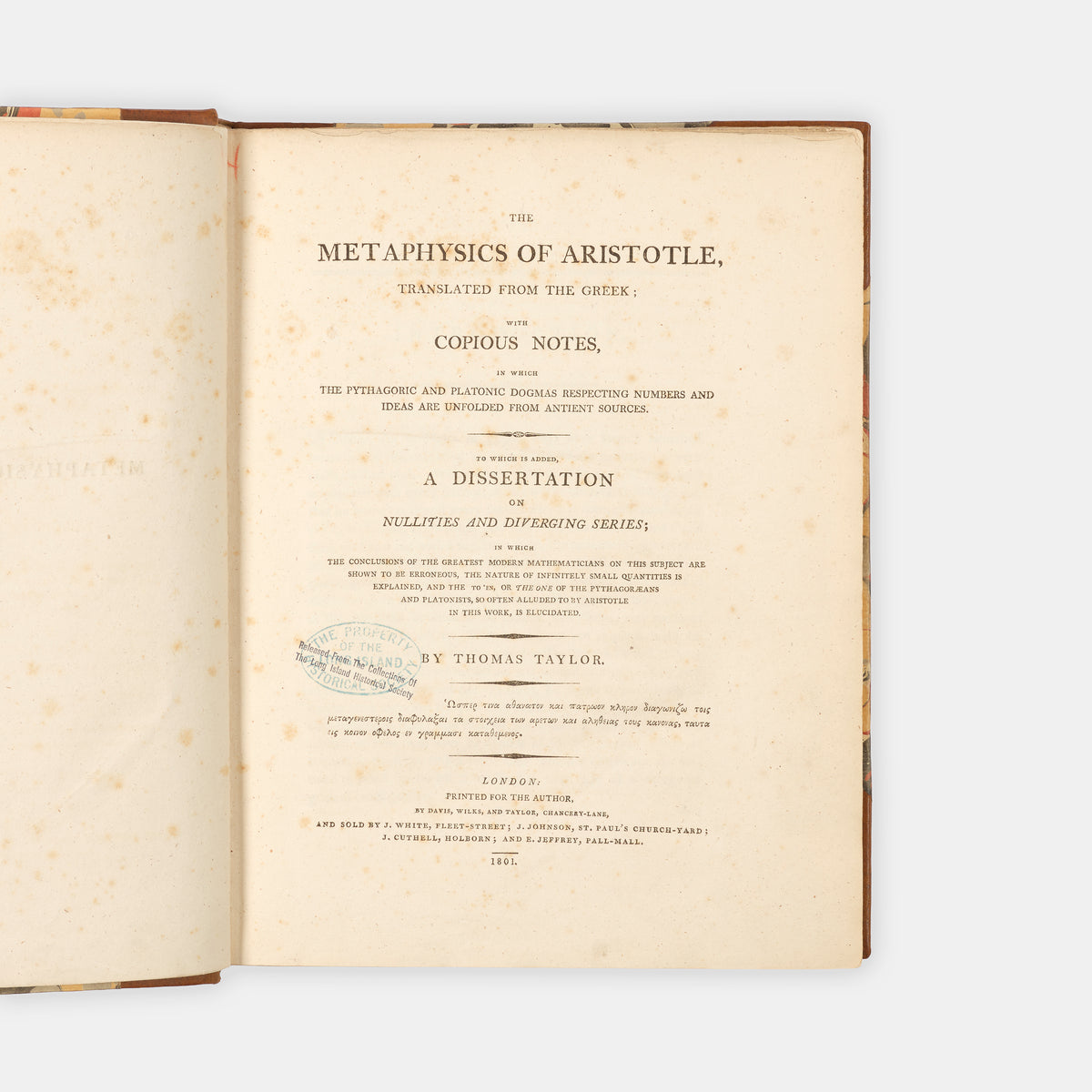 The first edition in English of Aristotle's Metaphysics, translated by Thomas Taylor