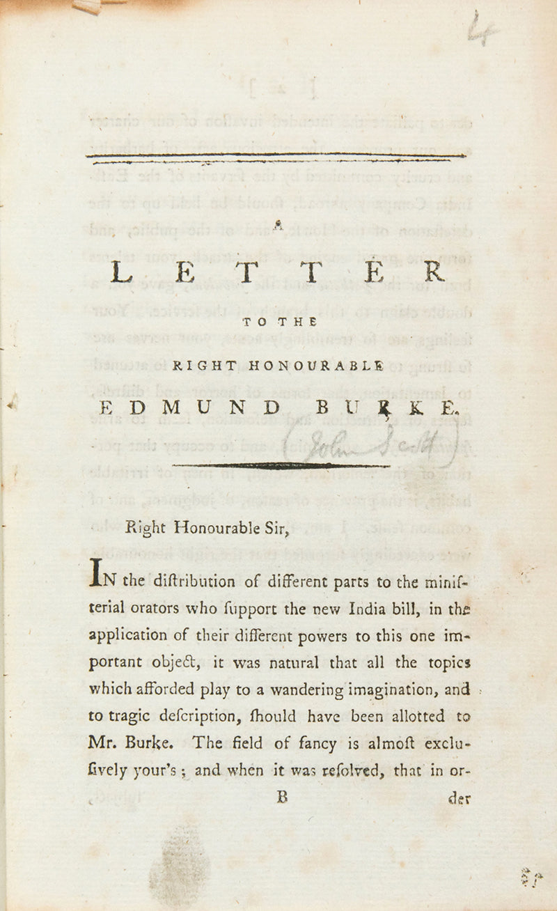 First edition of A Letter to the Right Honourable Edmund Burke by John Scott, attaching Burke for his attempt at reforming the East India Company.