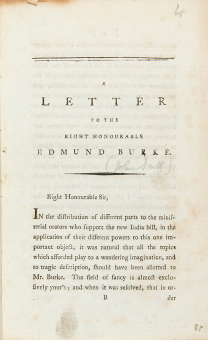 First edition of A Letter to the Right Honourable Edmund Burke by John Scott, attaching Burke for his attempt at reforming the East India Company.