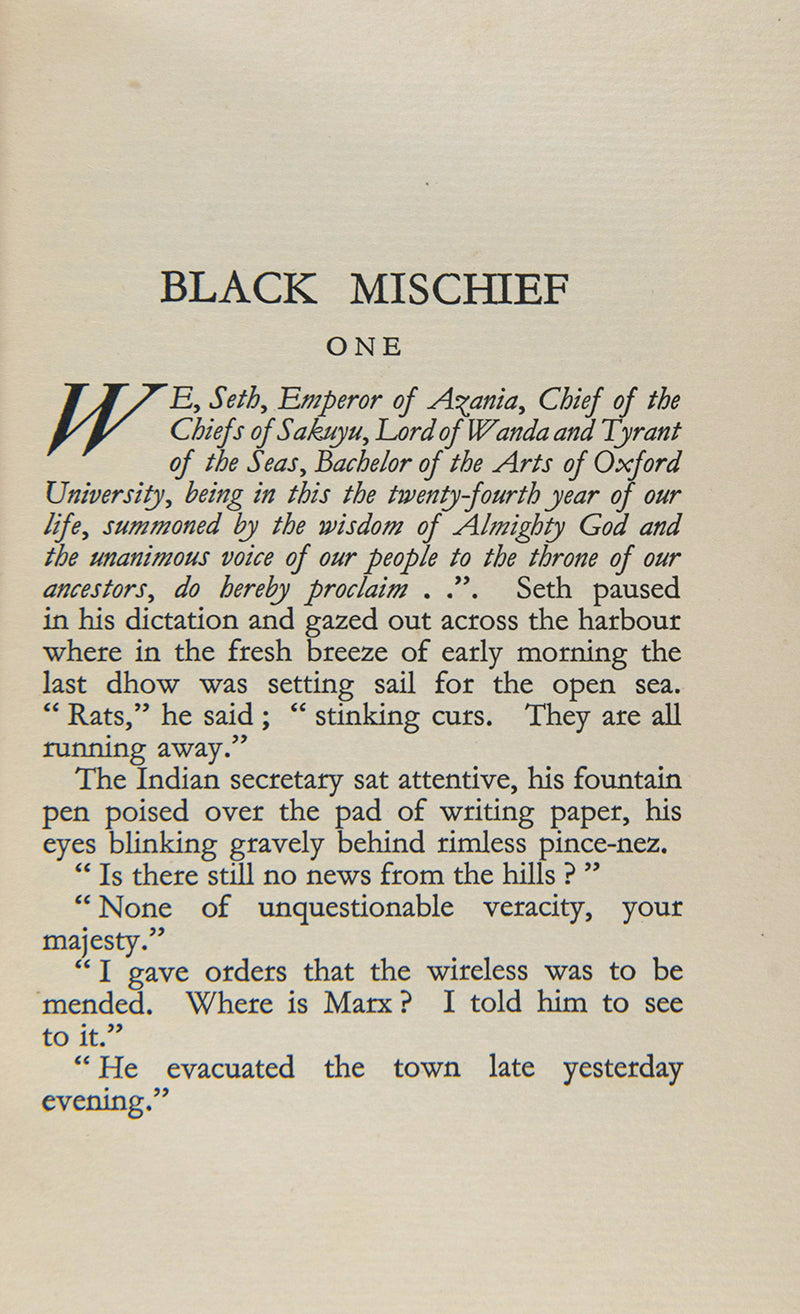 Evelyn Waugh's third novel, Black Mischief was written whilst staying at Madresfield Court, Worcestershire as the guest of the Lygon sisters; this was the book that established his reputation as a master satirist. 