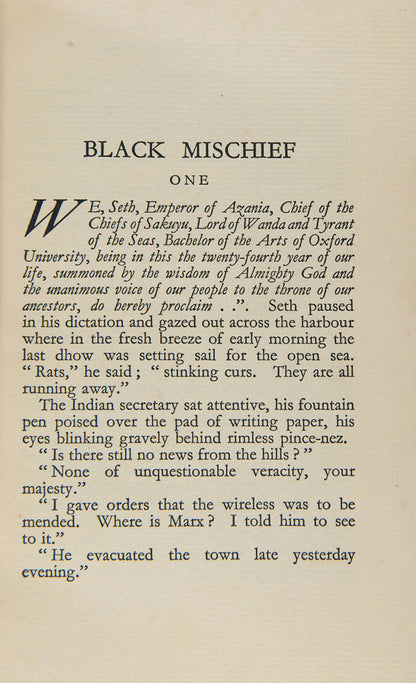 Evelyn Waugh's third novel, Black Mischief was written whilst staying at Madresfield Court, Worcestershire as the guest of the Lygon sisters; this was the book that established his reputation as a master satirist. 