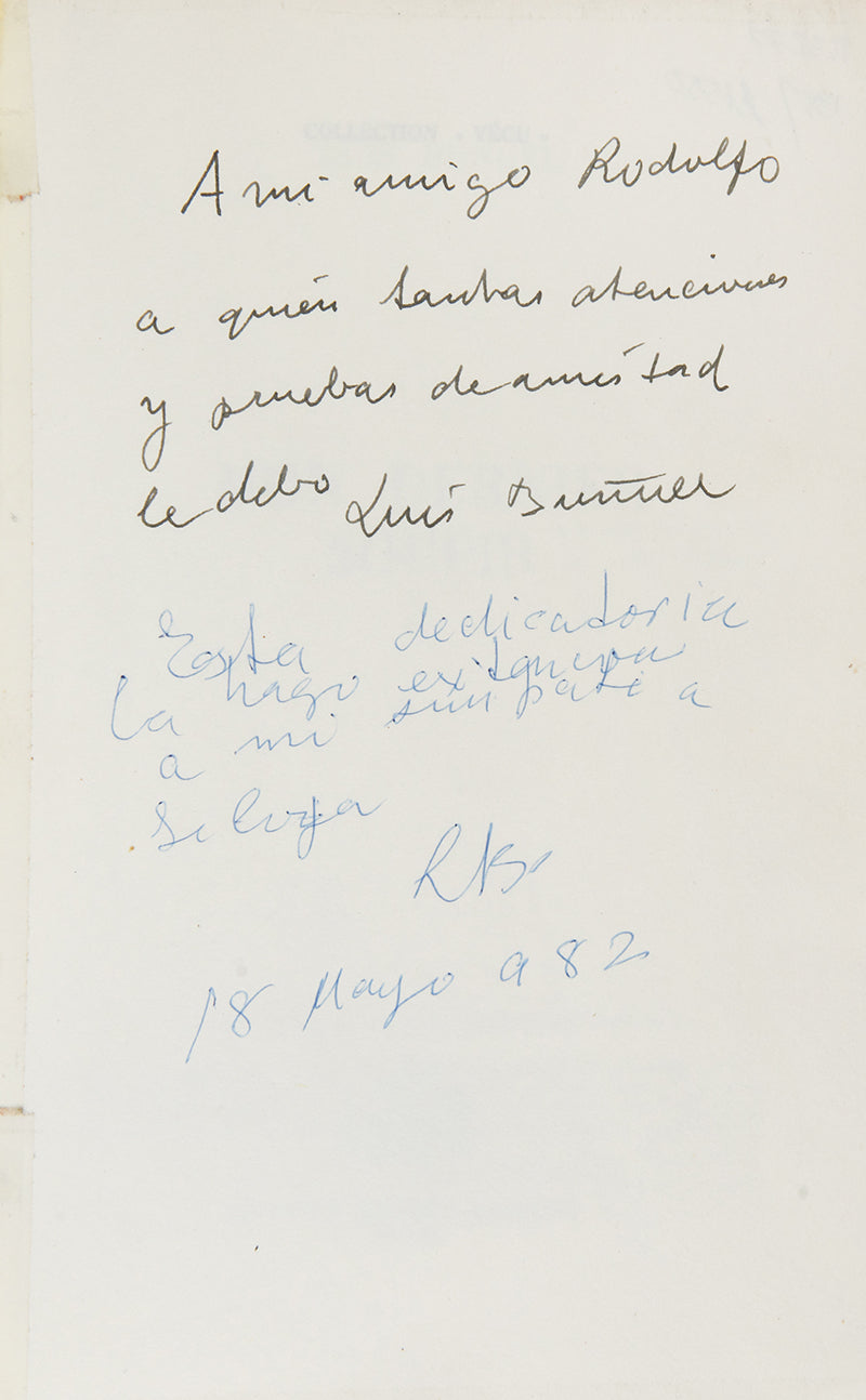 First edition of Mon Dernier Soupir by Luis Bunuel, inscribed by the author to Rodolfo Halffter.