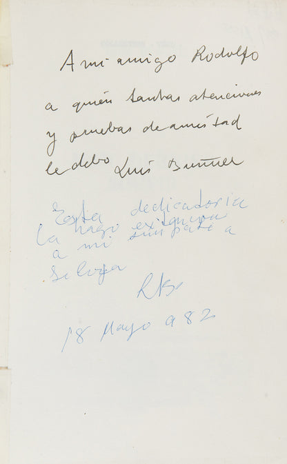 First edition of Mon Dernier Soupir by Luis Bunuel, inscribed by the author to Rodolfo Halffter.