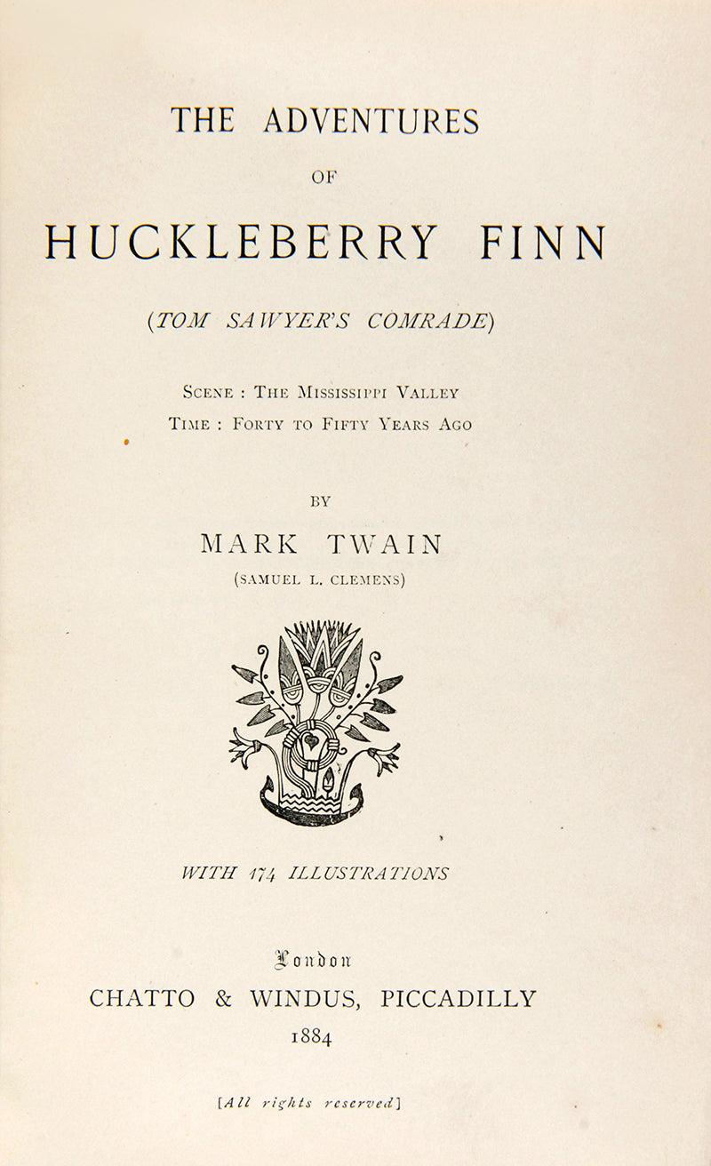 This copy is a first edition of one of the pillars of American literature, The Adventures of Huckleberry Finn by Mark Twain,which follows the titular character's journey down the Mississippi 