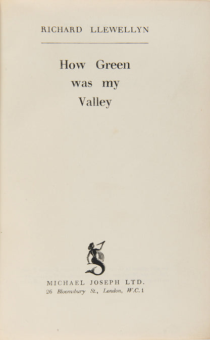 A first edition of Richard Llewellyn's novel, How Green Was My Valley, which follows the life of a Welsh family in a small mining town.
