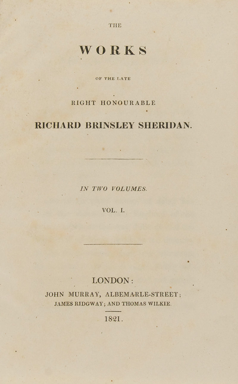 A finely bound set of Sheridan's dramatic works, including The Rivals and The School for Scandal, together with Moore's biography.