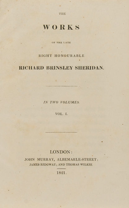 A finely bound set of Sheridan's dramatic works, including The Rivals and The School for Scandal, together with Moore's biography.