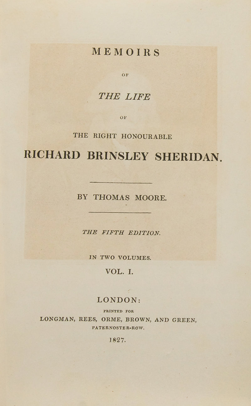 A finely bound set of Sheridan's dramatic works, including The Rivals and The School for Scandal, together with Moore's biography.