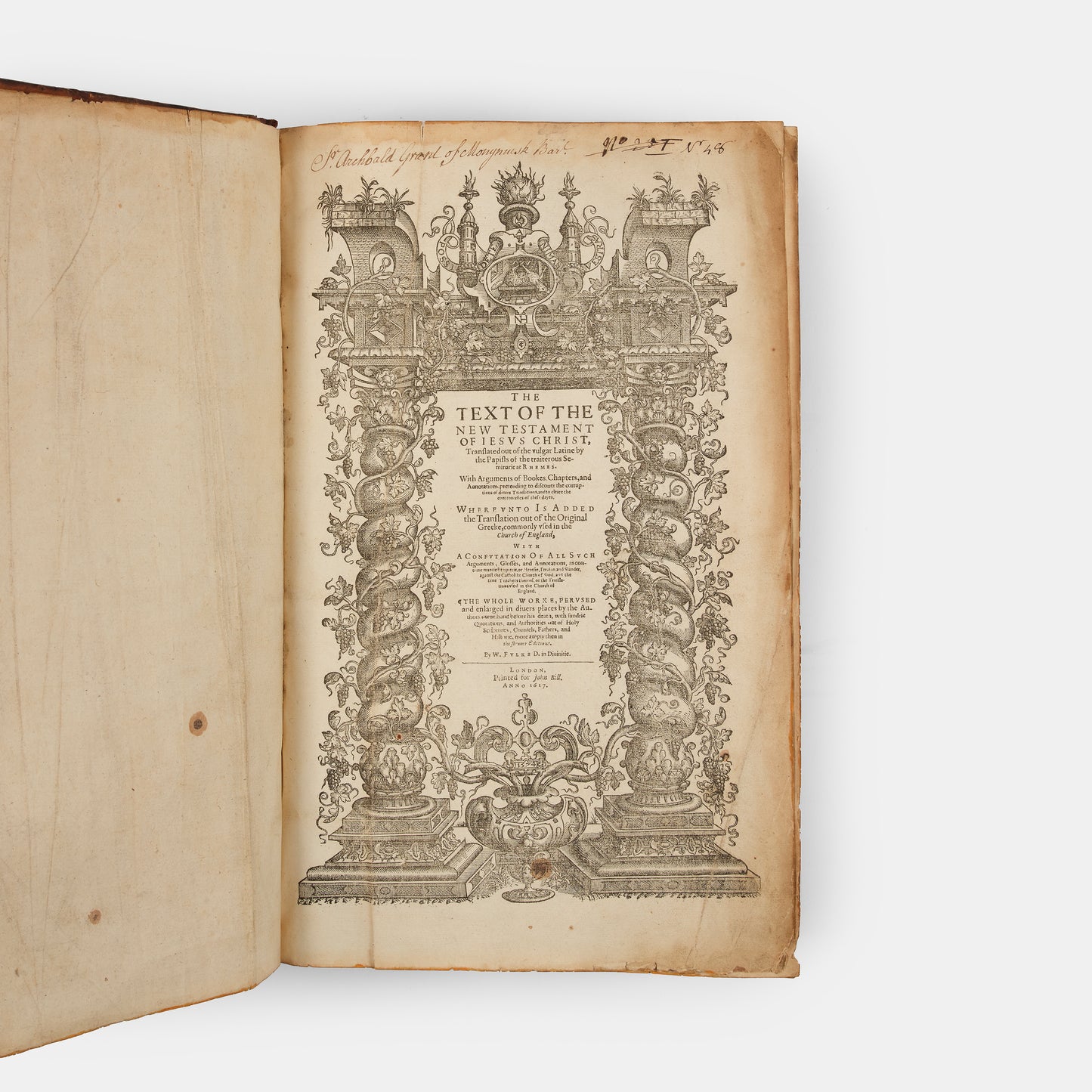 The third edition of William Fulke's commentary on the New Testament, printing in parlallel collumns the text of the Bishop's Bible and Rheims version