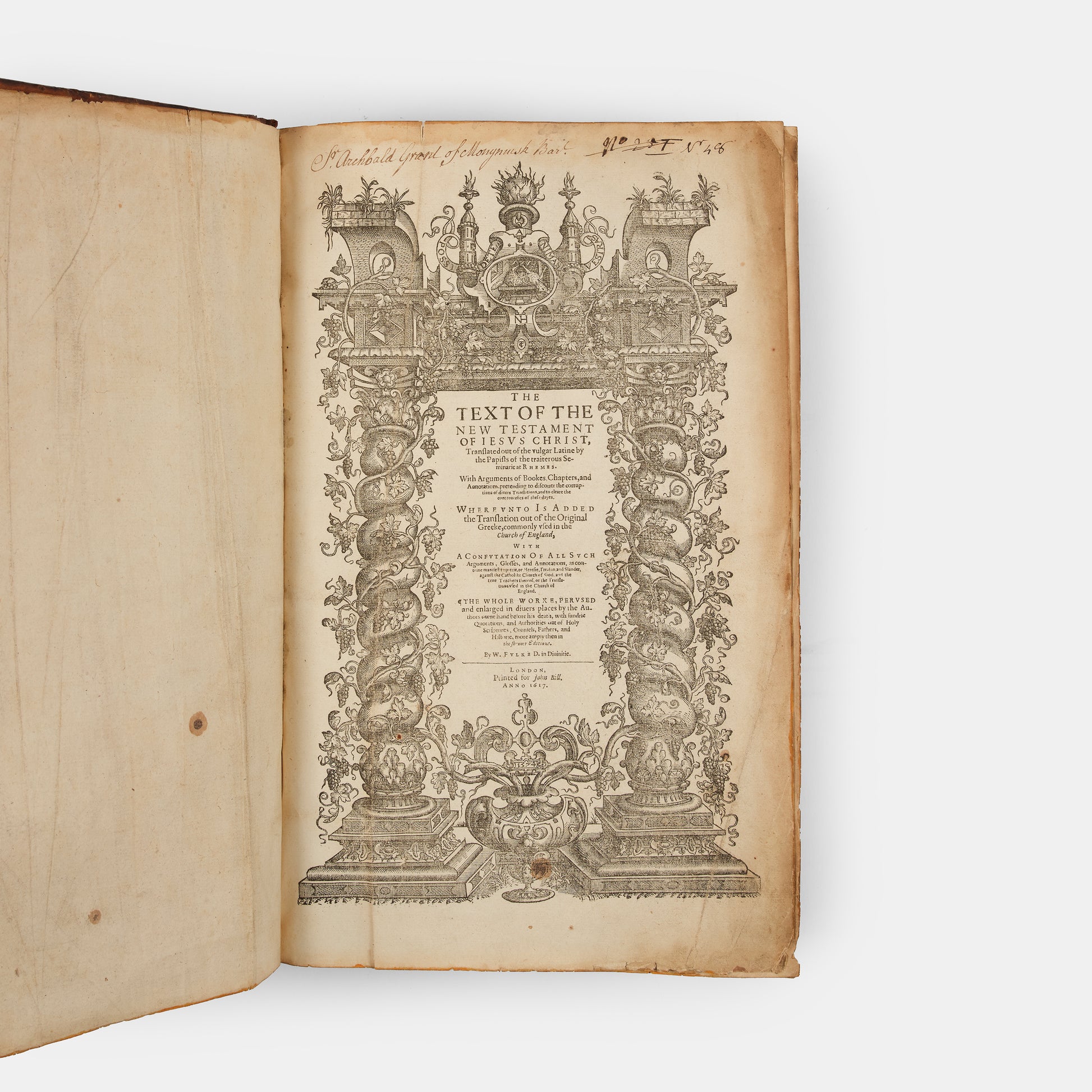 The third edition of William Fulke's commentary on the New Testament, printing in parlallel collumns the text of the Bishop's Bible and Rheims version