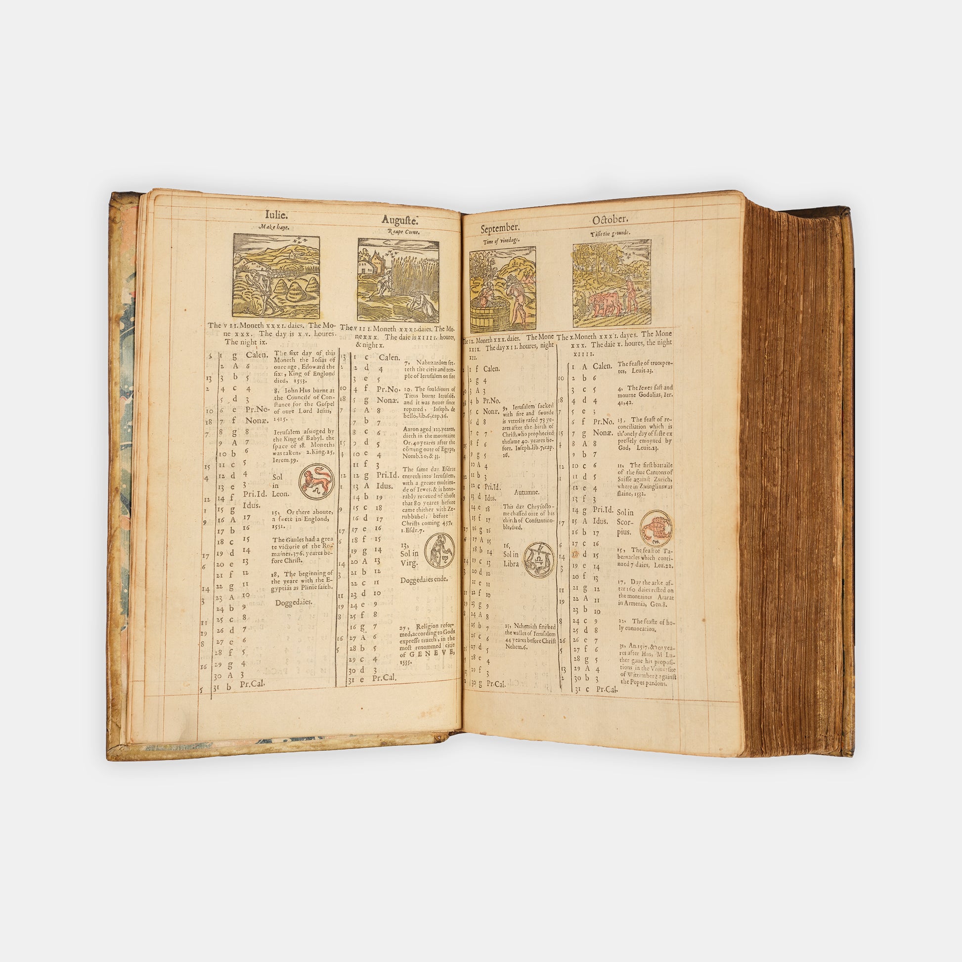 A remarkable copy of the second quarto edition of the Geneva Bible, complete with hand-coloured woodcut illustrations and 5 maps, and bound in seventeenth-century vellum gilt onlaid in red morocco