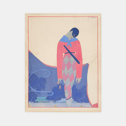A wonderful large original watercolour of Nijinsky as Harlequin in Le Carnaval.