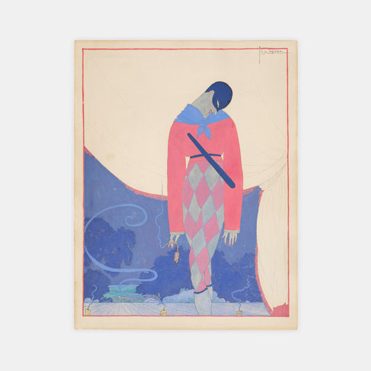 A wonderful large original watercolour of Nijinsky as Harlequin in Le Carnaval.