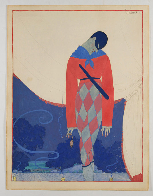 A wonderful large original watercolour of Nijinsky as Harlequin in Le Carnaval.
