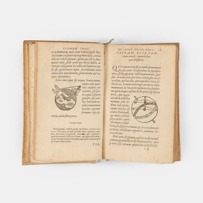 Sammelband containing the first editions of two significant astronomical textbooks, an influential 1556 edition of Sacrobosco's De Sphaera and Peucer's Elementa Doctrinae.