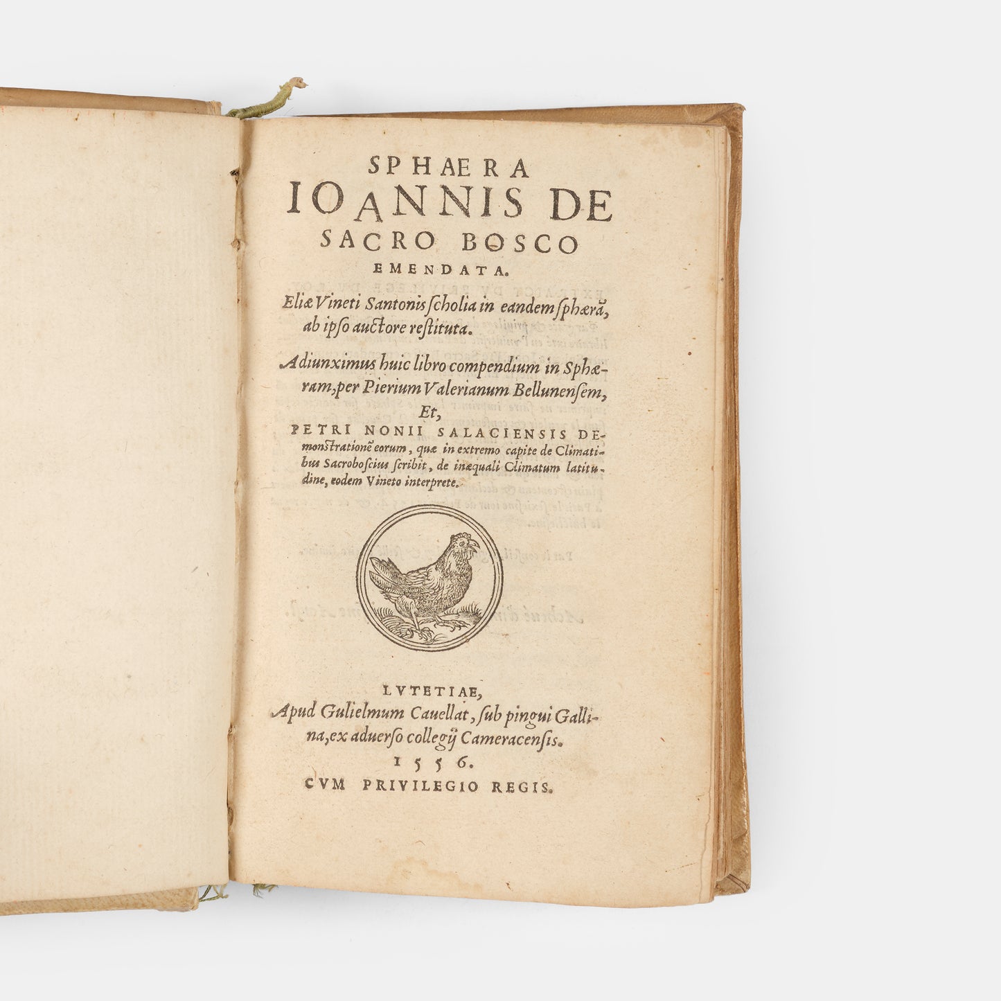 Sammelband containing the first editions of two significant astronomical textbooks, an influential 1556 edition of Sacrobosco's De Sphaera and Peucer's Elementa Doctrinae.