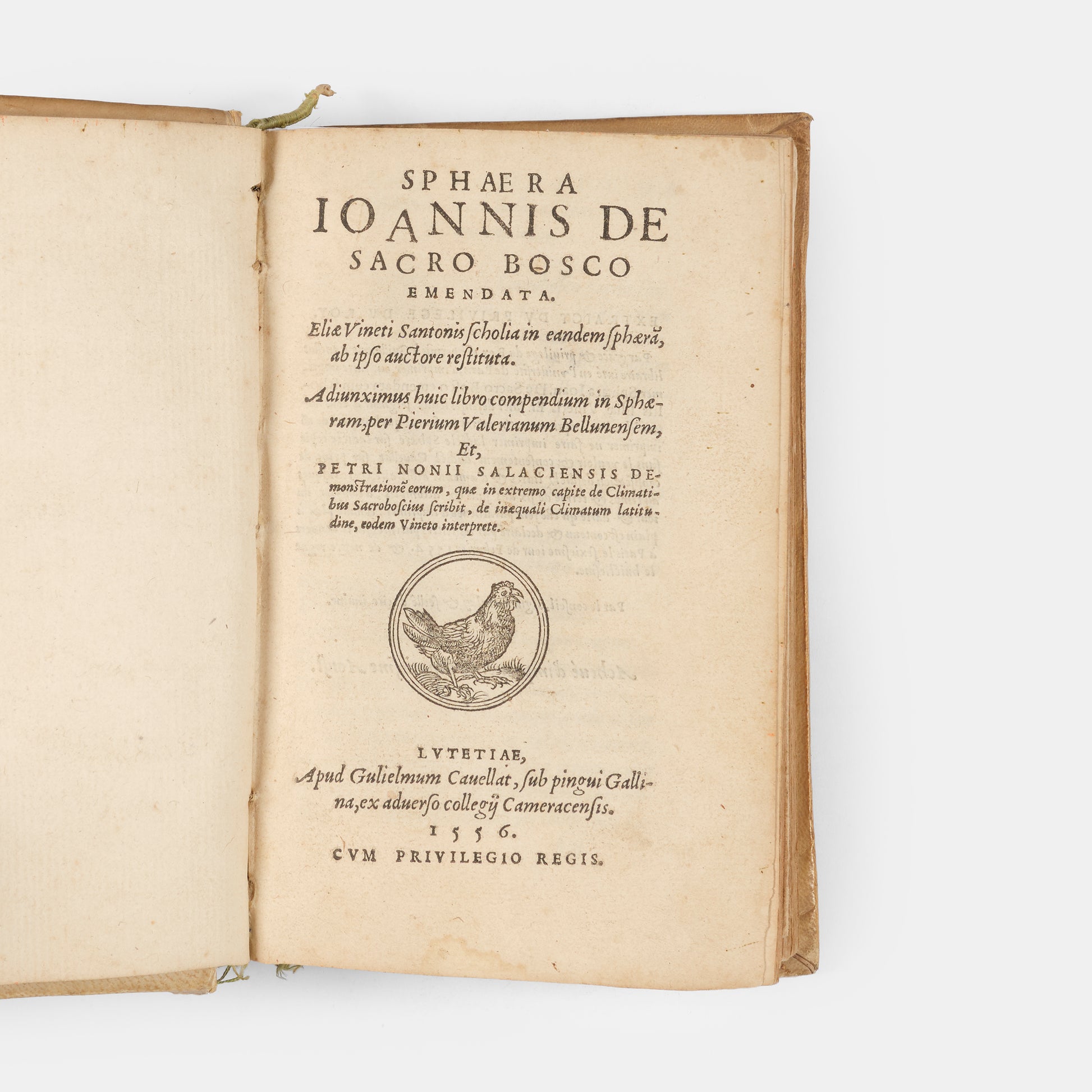 Sammelband containing the first editions of two significant astronomical textbooks, an influential 1556 edition of Sacrobosco's De Sphaera and Peucer's Elementa Doctrinae.