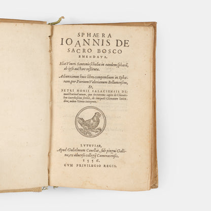 Sammelband containing the first editions of two significant astronomical textbooks, an influential 1556 edition of Sacrobosco's De Sphaera and Peucer's Elementa Doctrinae.