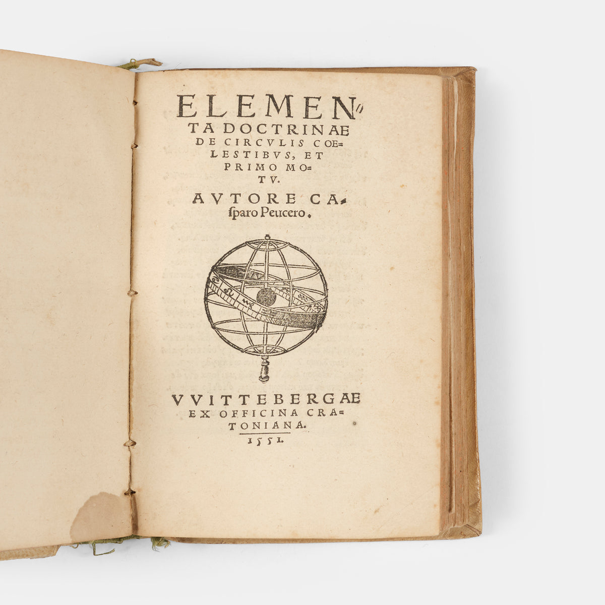 Sammelband containing the first editions of two significant astronomical textbooks, an influential 1556 edition of Sacrobosco's De Sphaera and Peucer's Elementa Doctrinae.