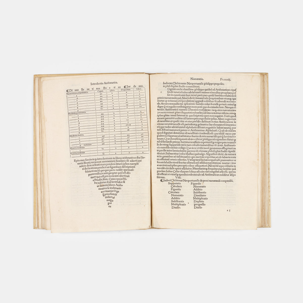 The first edition of philosopher Jacques Lefèvre d'Étaples's condensed version of Boethius's De Arithmetica (On Arithmetic), published by Hneri Estienne in 1503.