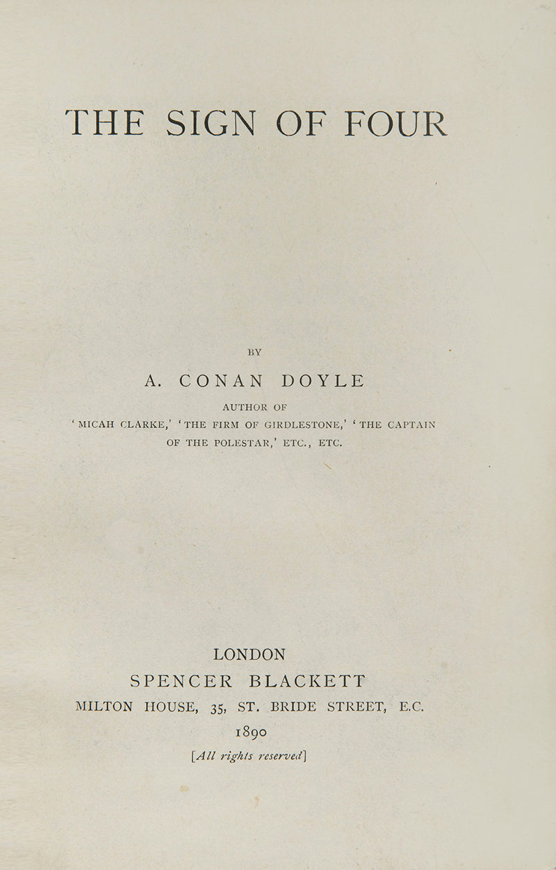 A first edition of the second Holmes novel, The Sign of Four by Arthur Conan Doyle.