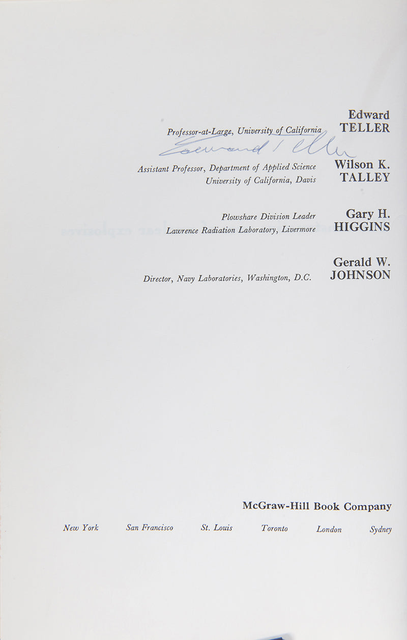 First edition of Edward Teller's book the Constructive Uses of Nuclear Explosives, signed by Teller and inscribed by his coauthor Wilson Talley.