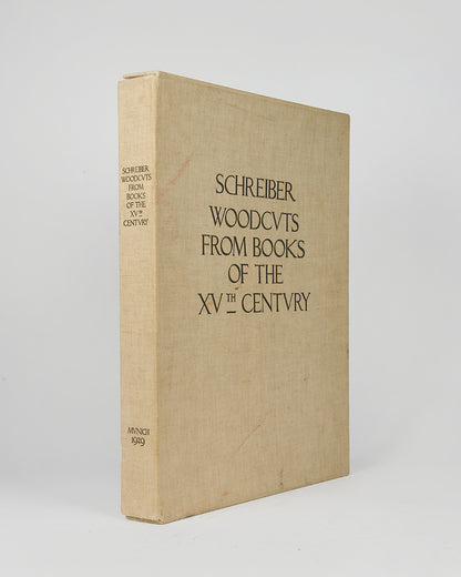 One of the rarest and most desirable plate books of the early 20th century, W.L. Schreiber's Woodcuts from Books of the 15th Century houses 55 incunable leaves, all with woodcut illustrations, and including 20 leaves in hand colour.