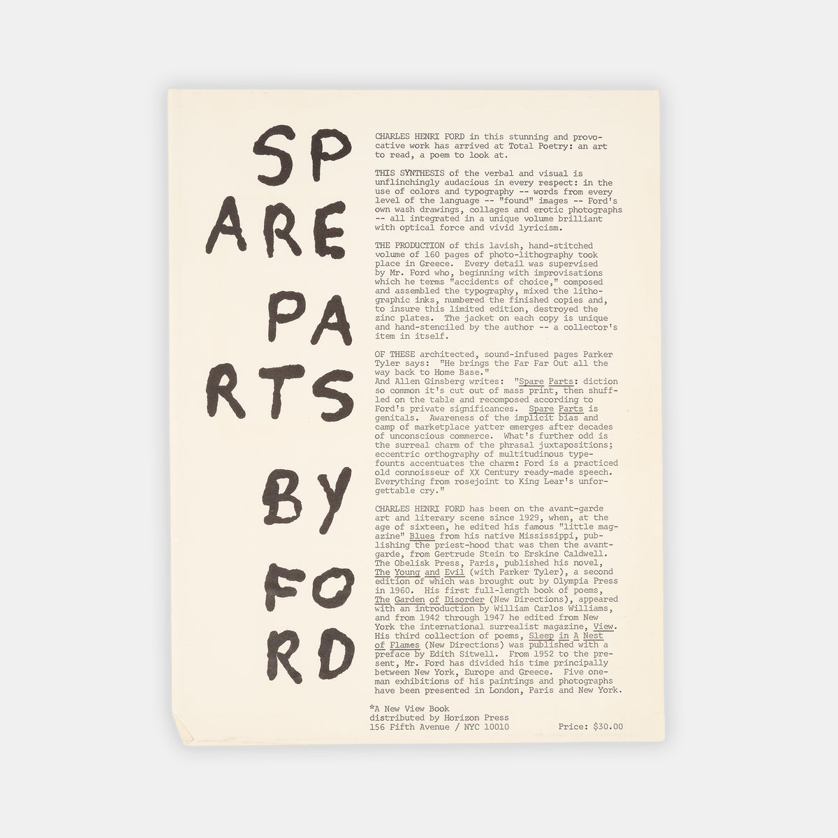 Presentation copy of the first published edition of Charles Henri Ford's paste-up poster poems.