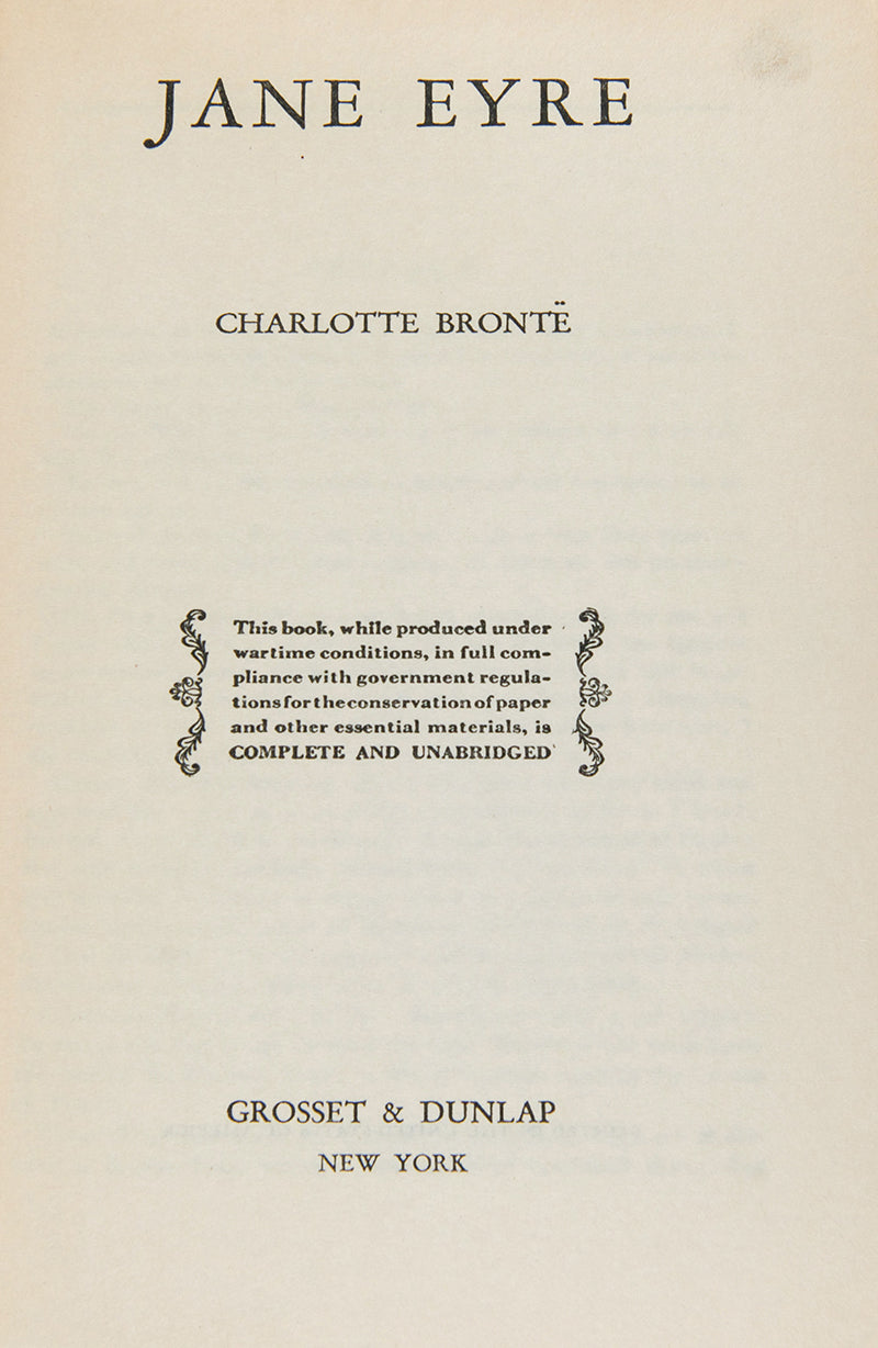 A rare photoplay edition of Jane Eyre published to coincide with the 20th Century Fox film starring Orson Welles and Joan Fontaine, with the two leads appearing on the dust jacket.