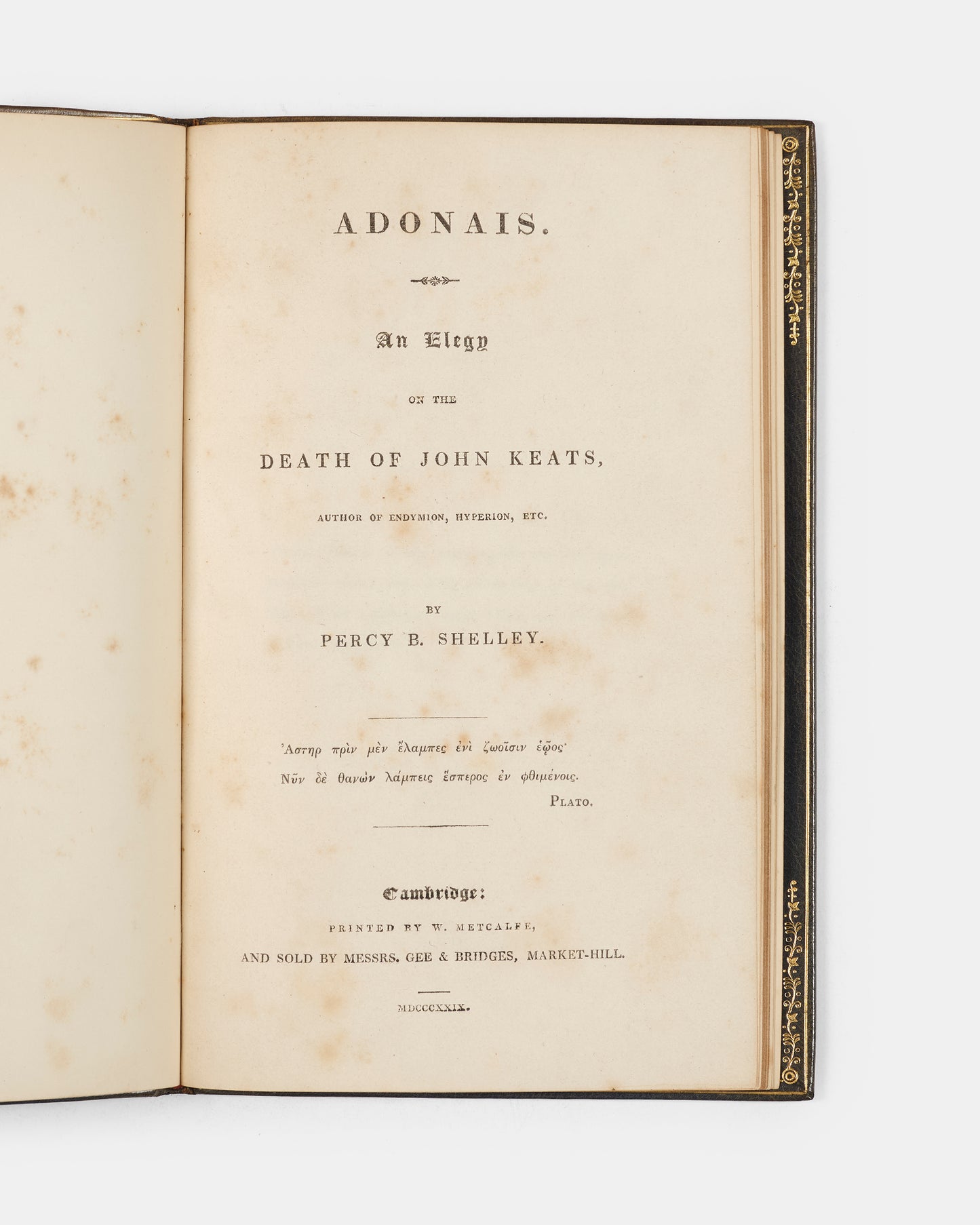 The first UK edition, second overall, of Adonais, the elegy for John Keats written by Percy Bysshe Shelley.