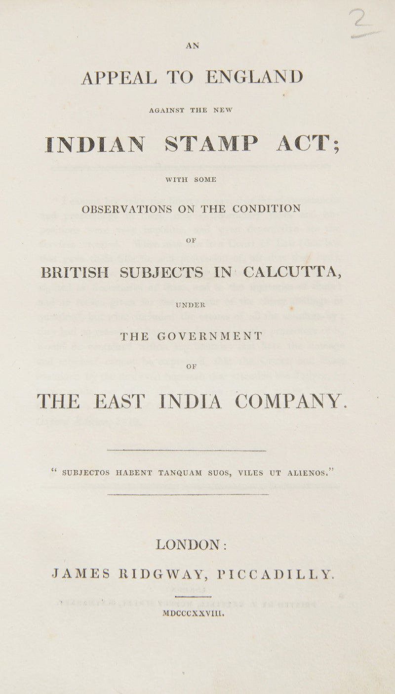 An Appeal to England Against the New Indian Stamp Act;