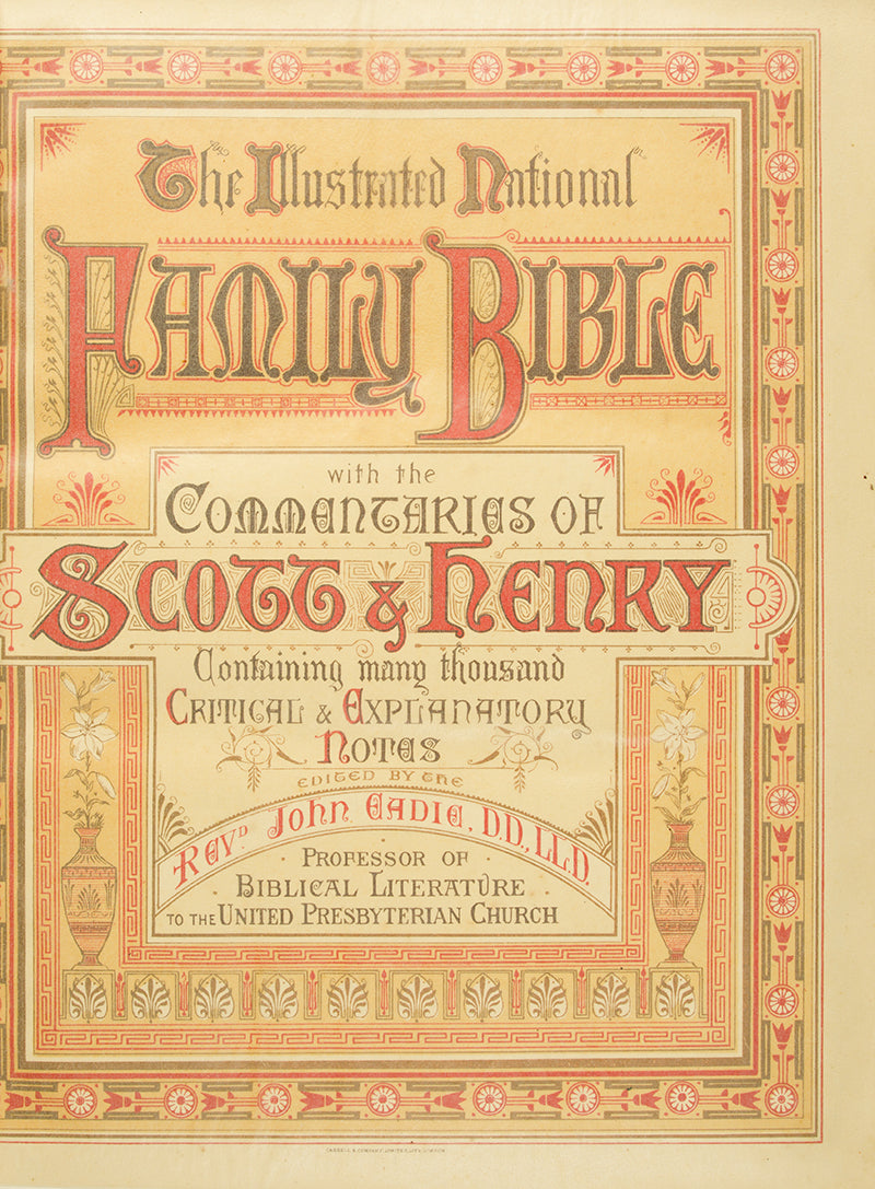A very-well preserved example of The National Comprehensive Family Bible, illustrated with numerous colour and black and white plates, in the original black morocco binding with fielded relief