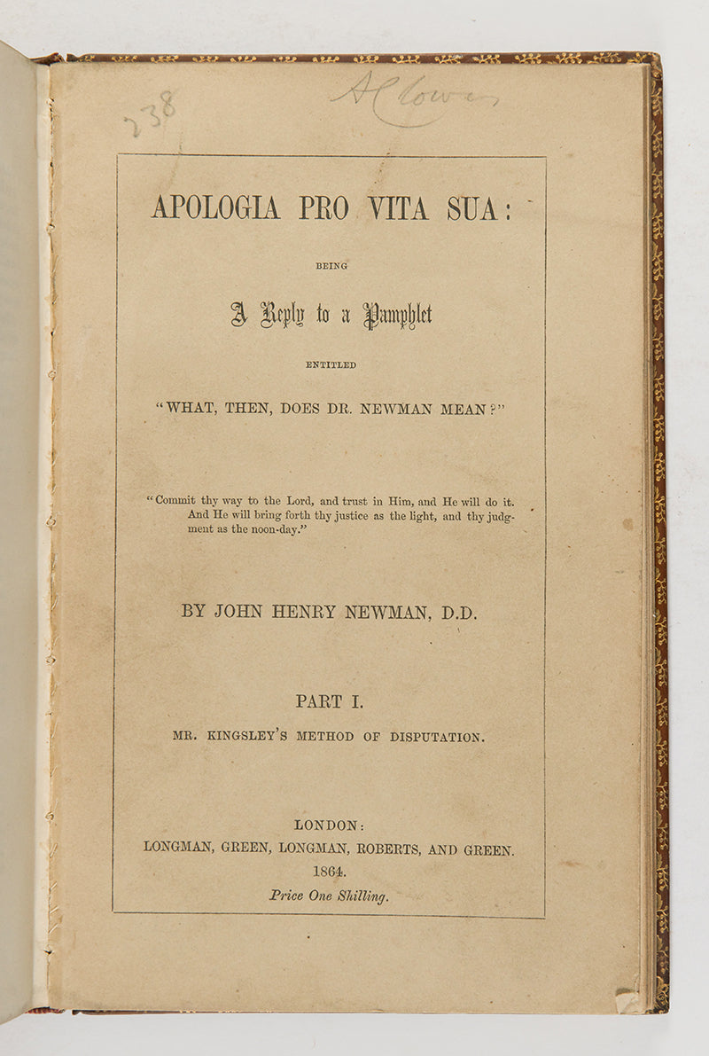 The first edition of John Henry Newman's great spiritual autobiography, the Apologia pro Vita Sua, with the original wrappers bound-in to the rear
