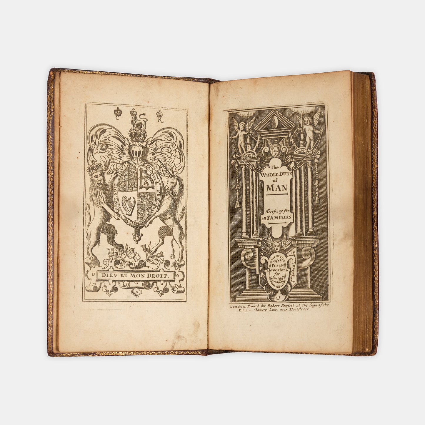 A beautiful example of Richard Allestree's The Whole Duty of Man, well-preserved in this English Restoration red goatskin binding