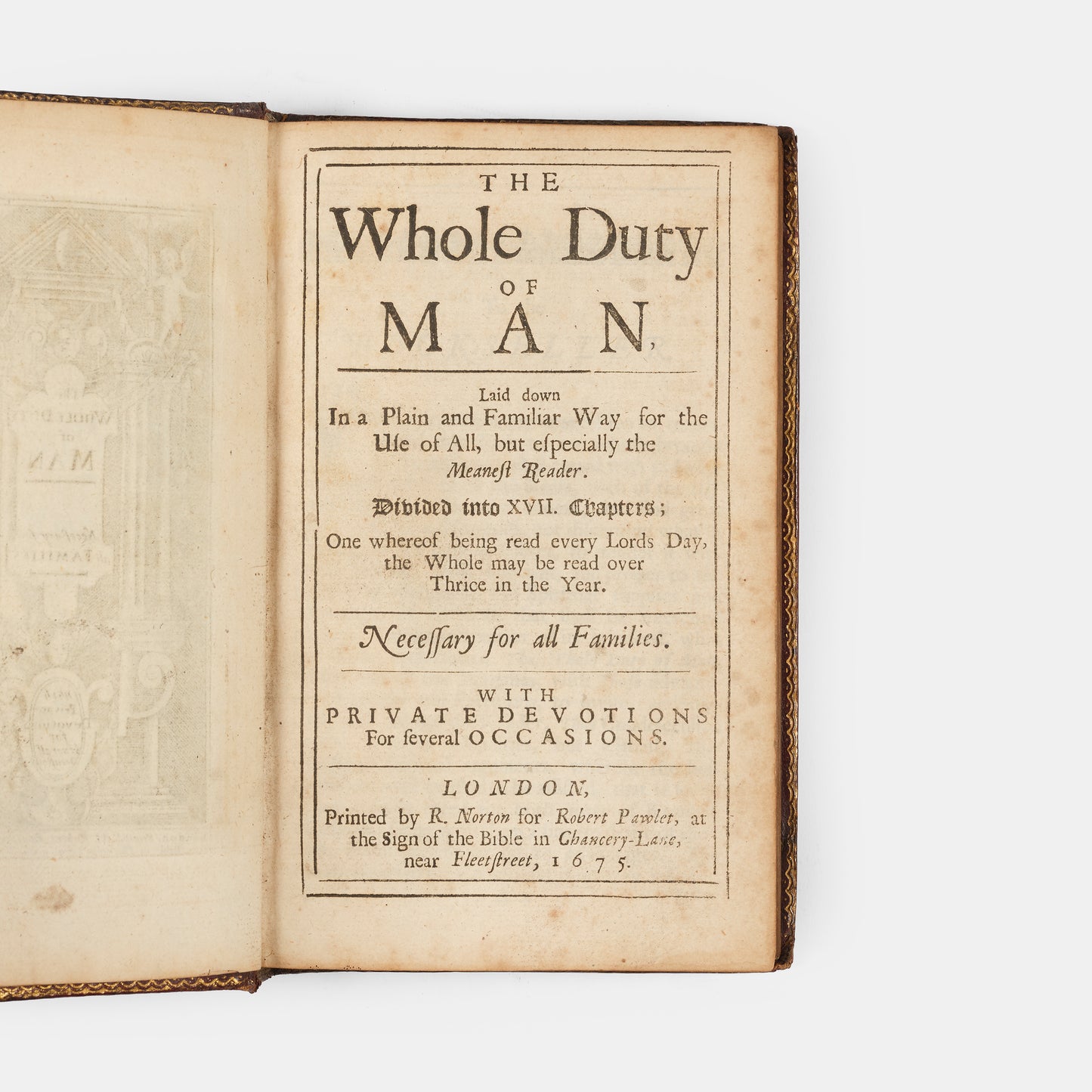 A beautiful example of Richard Allestree's The Whole Duty of Man, well-preserved in this English Restoration red goatskin binding