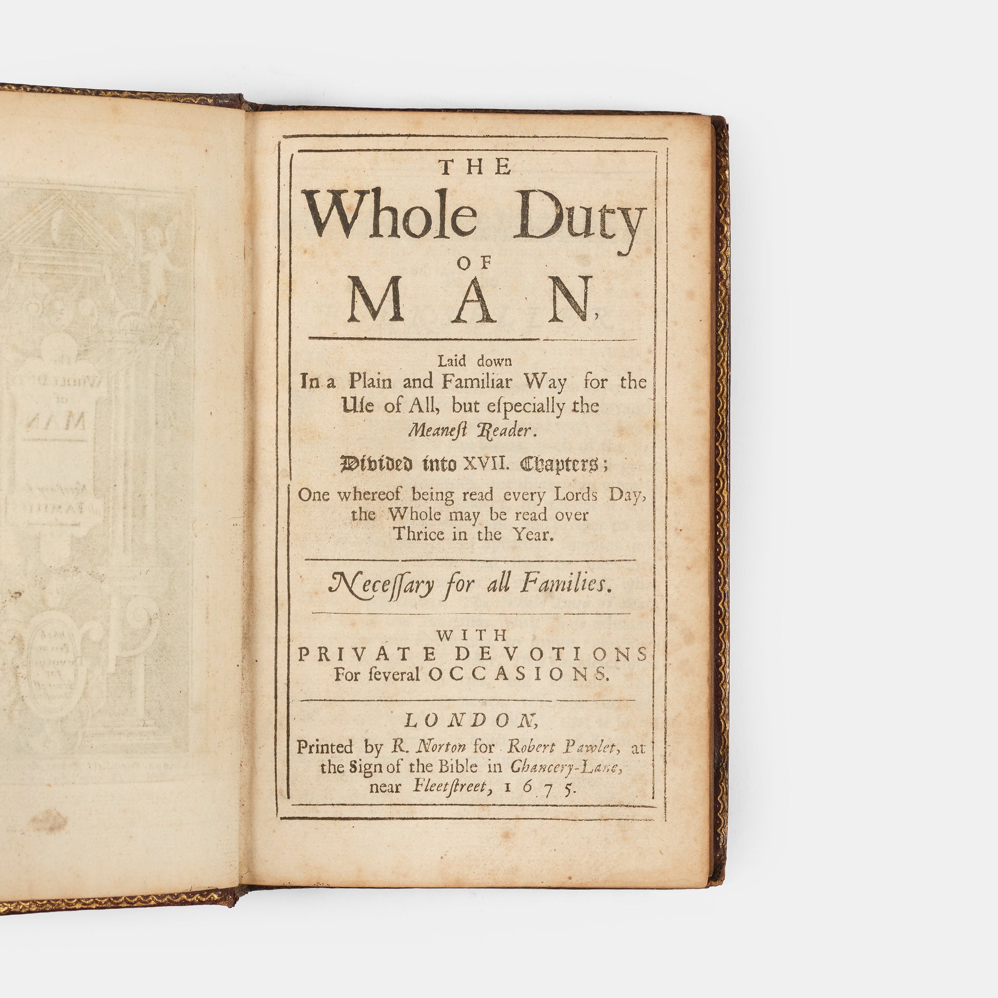 A beautiful example of Richard Allestree's The Whole Duty of Man, well-preserved in this English Restoration red goatskin binding